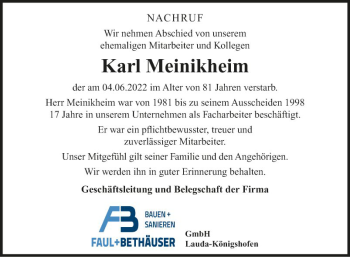 Traueranzeige von Karl Meinikheim von Fränkische Nachrichten