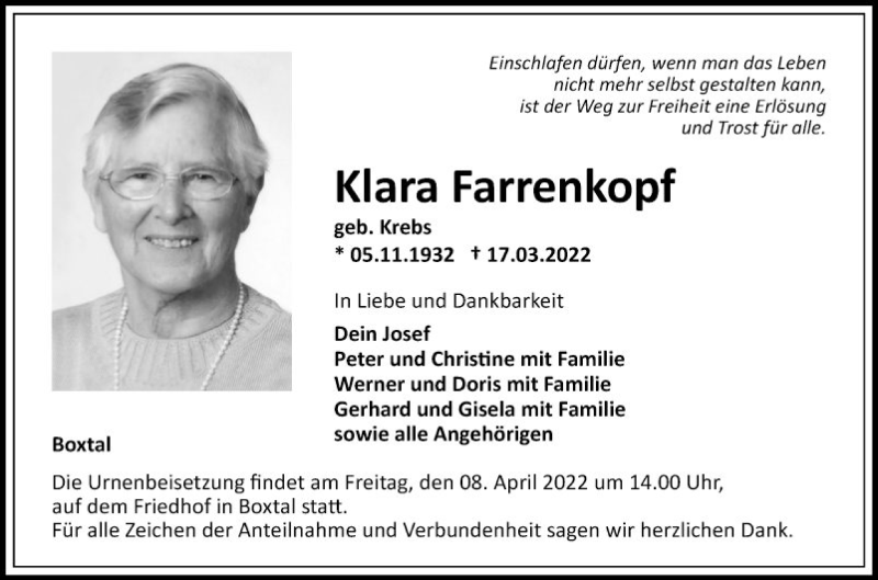  Traueranzeige für Klara Farrenkopf vom 02.04.2022 aus Fränkische Nachrichten