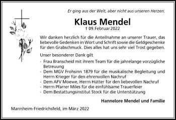 Traueranzeige von Klaus Mendel von Mannheimer Morgen