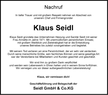 Traueranzeige von Klaus Seidl von Fränkische Nachrichten