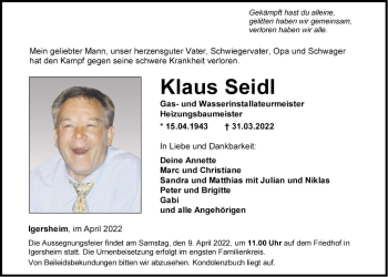 Traueranzeige von Klaus Seidl von Fränkische Nachrichten