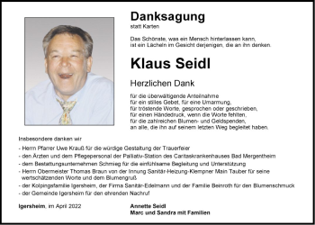 Traueranzeige von Klaus Seidl von Fränkische Nachrichten