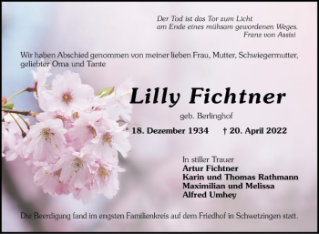 Traueranzeige von Lilly Fichtner von Schwetzinger Zeitung