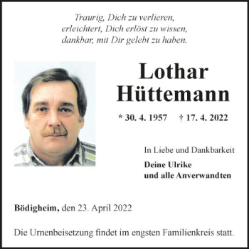 Traueranzeige von Lothar Hüttemann von Fränkische Nachrichten