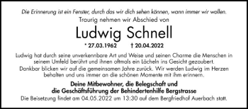 Traueranzeige von Ludwig Schnell von Bergsträßer Anzeiger