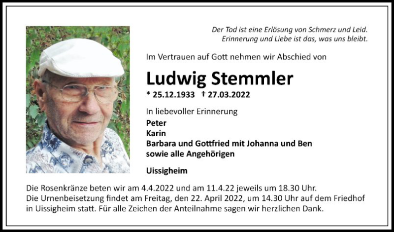  Traueranzeige für Ludwig Stemmler vom 02.04.2022 aus Fränkische Nachrichten