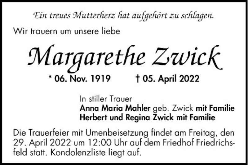  Traueranzeige für Margarethe Zwick vom 23.04.2022 aus Mannheimer Morgen