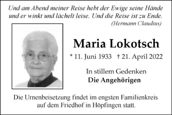 Traueranzeige von Maria Lokotsch von Fränkische Nachrichten