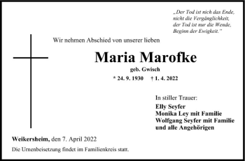 Traueranzeige von Maria Marofke von Fränkische Nachrichten