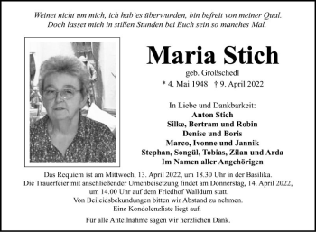 Traueranzeige von Maria Stich von Fränkische Nachrichten