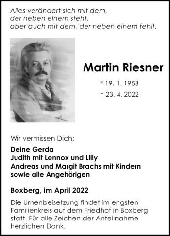 Traueranzeige von Martin Riesner von Fränkische Nachrichten