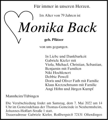 Traueranzeige von Monika Back von Mannheimer Morgen