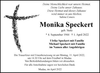 Traueranzeige von Monika Speckert von Fränkische Nachrichten