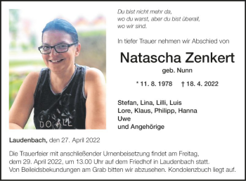 Traueranzeige von Natascha Zenkert von Fränkische Nachrichten