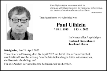 Traueranzeige von Paul Uihlein von Fränkische Nachrichten