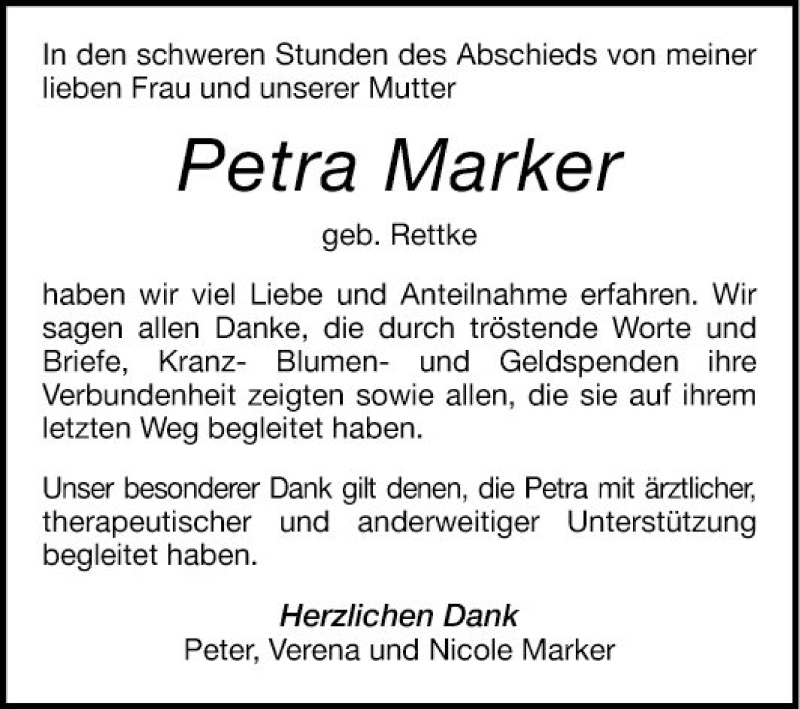  Traueranzeige für Petra Marker vom 14.04.2022 aus Schwetzinger Zeitung