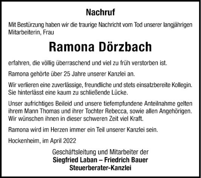  Traueranzeige für Ramona Dörzbach vom 07.04.2022 aus Schwetzinger Zeitung