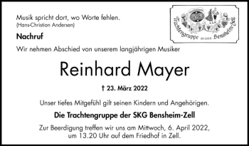 Traueranzeige von Reinhard Mayer von Bergsträßer Anzeiger