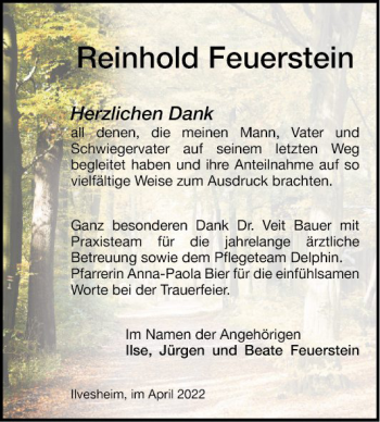 Traueranzeige von Reinhold Feuerstein von Mannheimer Morgen