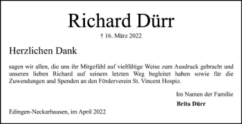 Traueranzeige von Richard Dürr von Mannheimer Morgen