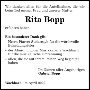 Traueranzeige von Rita Bopp von Fränkische Nachrichten