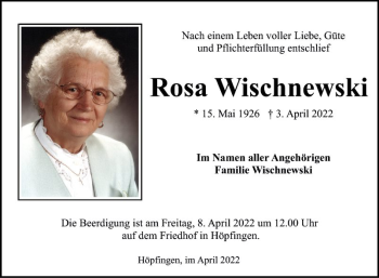 Traueranzeige von Rosa Wischnewski von Fränkische Nachrichten