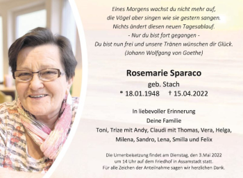 Traueranzeige von Rosemarie Sparaco von Fränkische Nachrichten