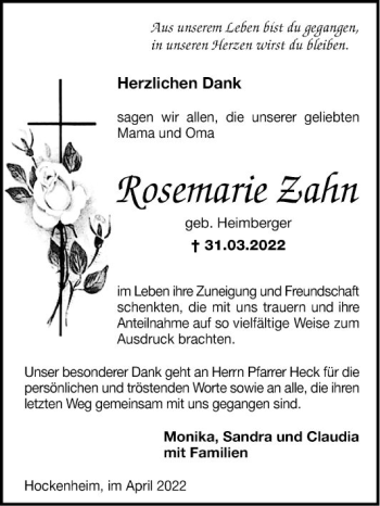 Traueranzeige von Rosemarie Zahn von Schwetzinger Zeitung