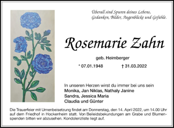 Traueranzeige von Rosemarie Zahn von Schwetzinger Zeitung