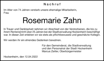 Traueranzeige von Rosemarie Zahn von Schwetzinger Zeitung