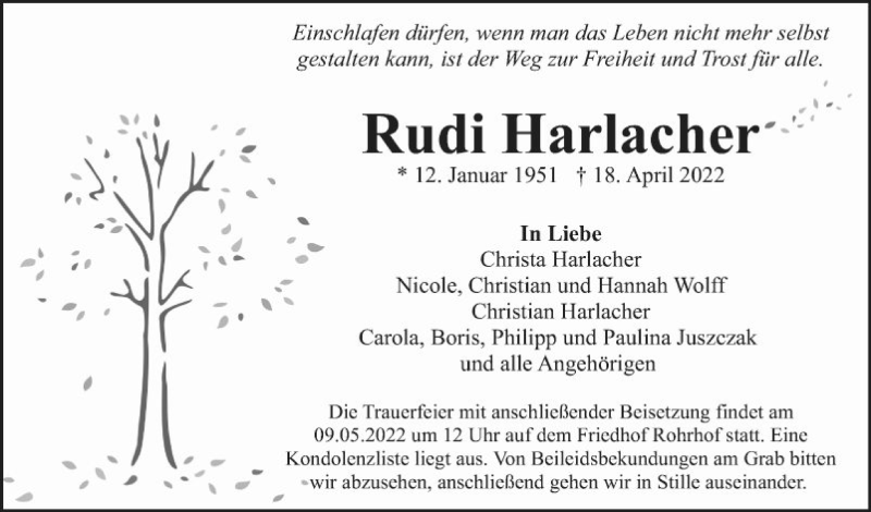  Traueranzeige für Rudi Harlacher vom 23.04.2022 aus Mannheimer Morgen