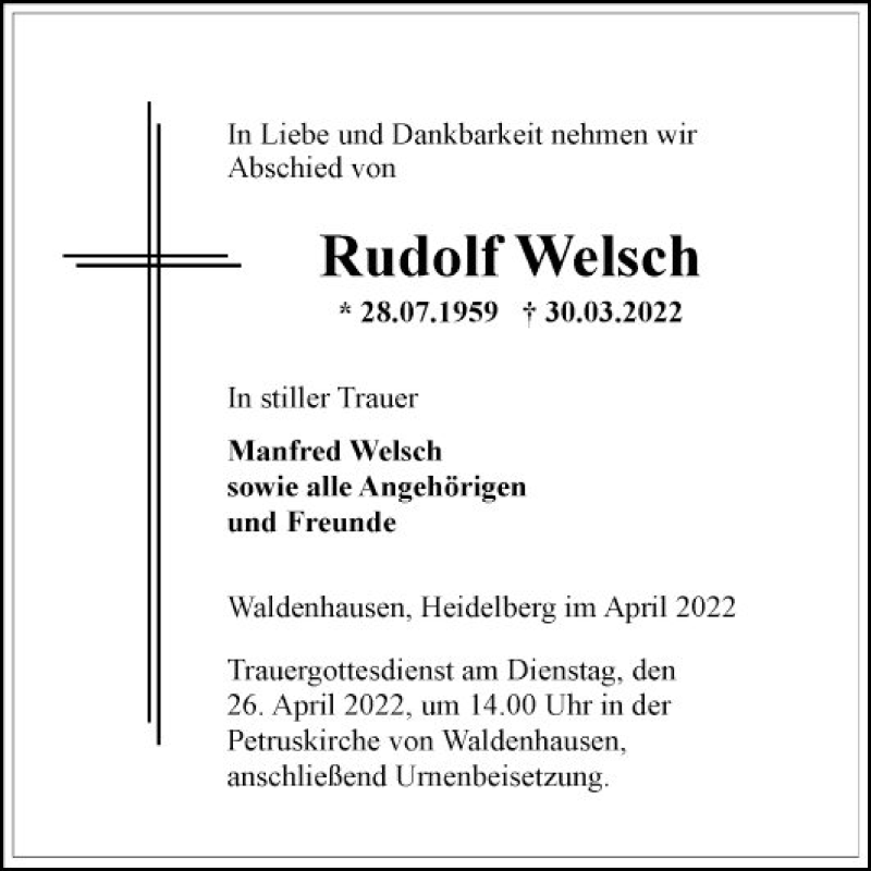  Traueranzeige für Rudolf Welsch vom 23.04.2022 aus Fränkische Nachrichten
