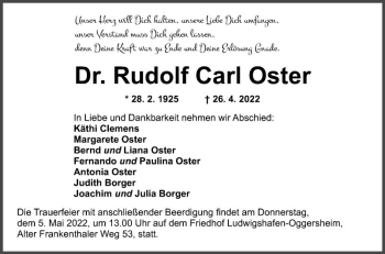 Traueranzeige von Rudolf Carl Oster von Mannheimer Morgen