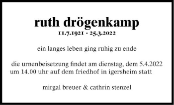 Traueranzeige von Ruth Drögenkamp von Fränkische Nachrichten