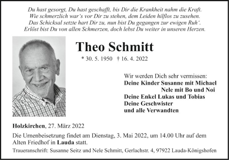  Traueranzeige für Theo Schmitt vom 27.04.2022 aus Fränkische Nachrichten