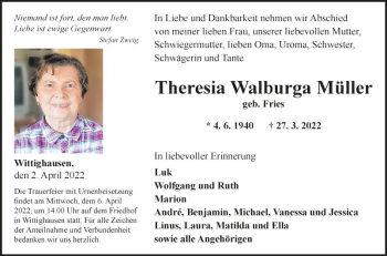 Traueranzeige von Theresia Walburga Müller von Fränkische Nachrichten