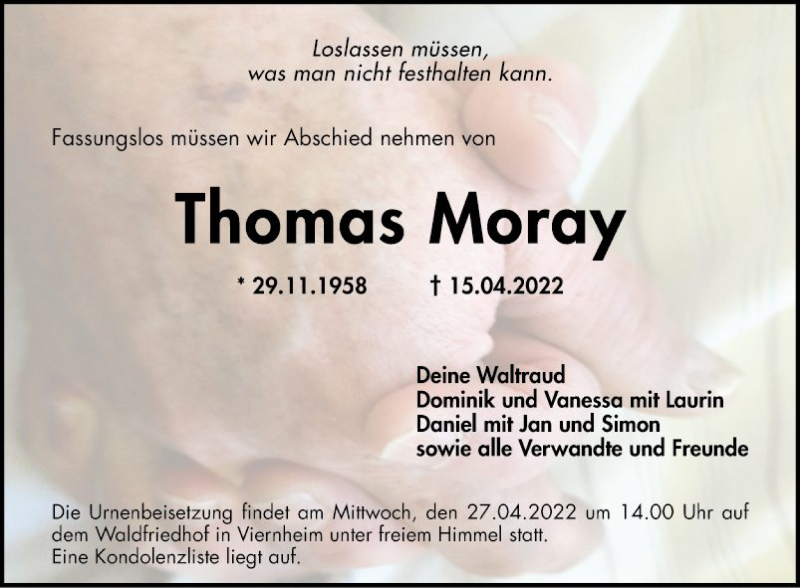  Traueranzeige für Thomas Moray vom 23.04.2022 aus Mannheimer Morgen