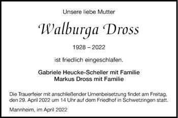 Traueranzeige von Walburga Dross von Mannheimer Morgen