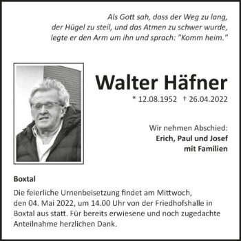 Traueranzeige von Walter Häfner von Fränkische Nachrichten