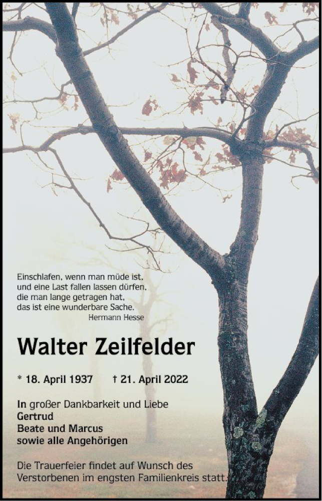  Traueranzeige für Walter Zeilfelder vom 30.04.2022 aus Mannheimer Morgen
