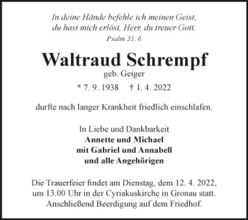 Traueranzeige von Waltraud Schrempf von Fränkische Nachrichten