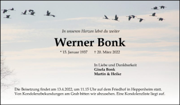 Traueranzeige von Werner Bonk von Bergsträßer Anzeiger