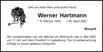 Traueranzeige von Werner Hartmann von Mannheimer Morgen