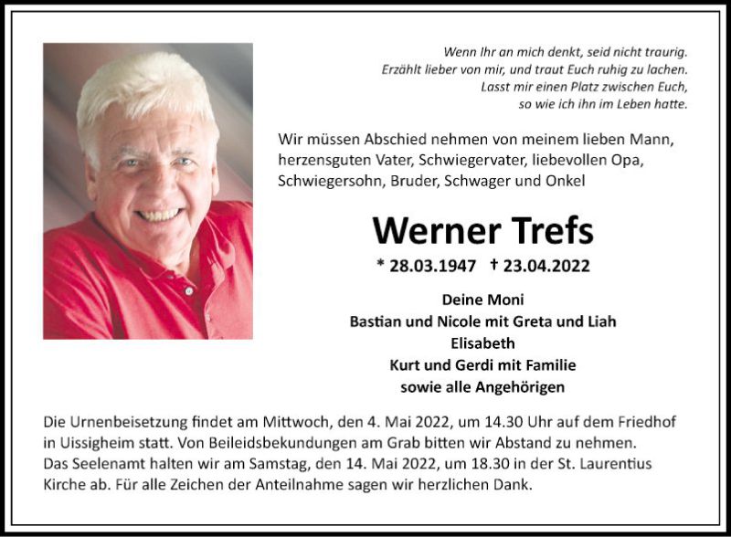  Traueranzeige für Werner Trefs vom 30.04.2022 aus Fränkische Nachrichten