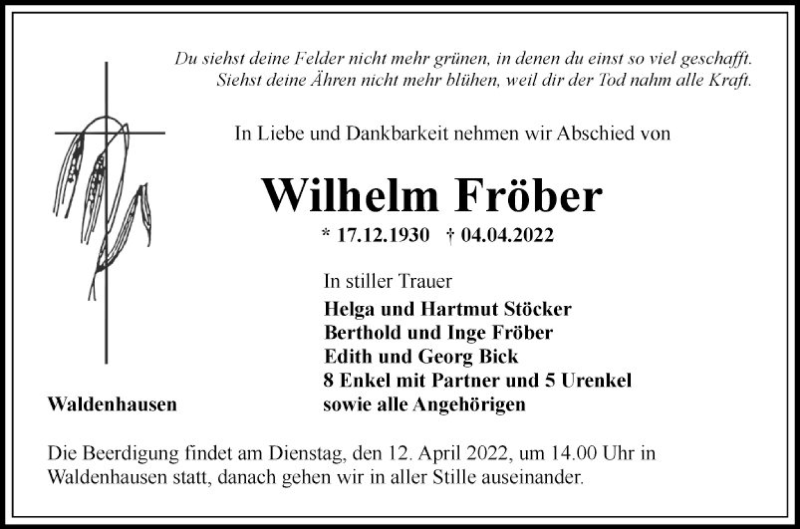  Traueranzeige für Wilhelm Fröber vom 09.04.2022 aus Fränkische Nachrichten