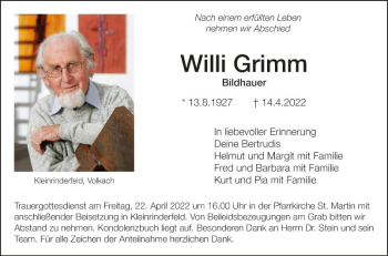 Traueranzeige von Willi Grimm von Fränkische Nachrichten