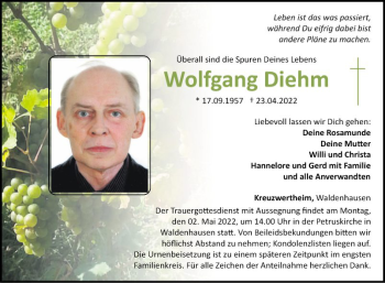 Traueranzeige von Wolfgang Diehm von Fränkische Nachrichten