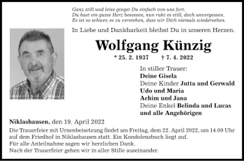 Traueranzeige von Wolfgang Künzig von Fränkische Nachrichten