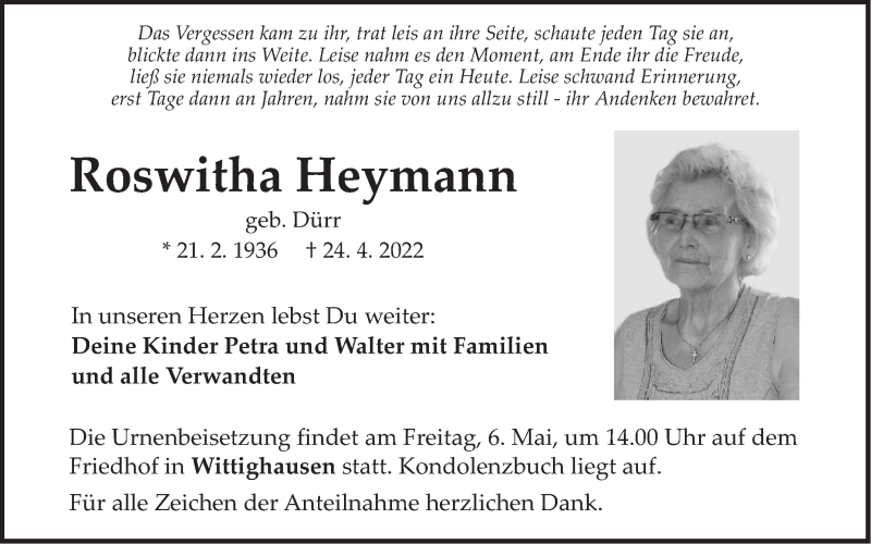  Traueranzeige für Roswitha Heymann vom 30.04.2022 aus Fränkische Nachrichten
