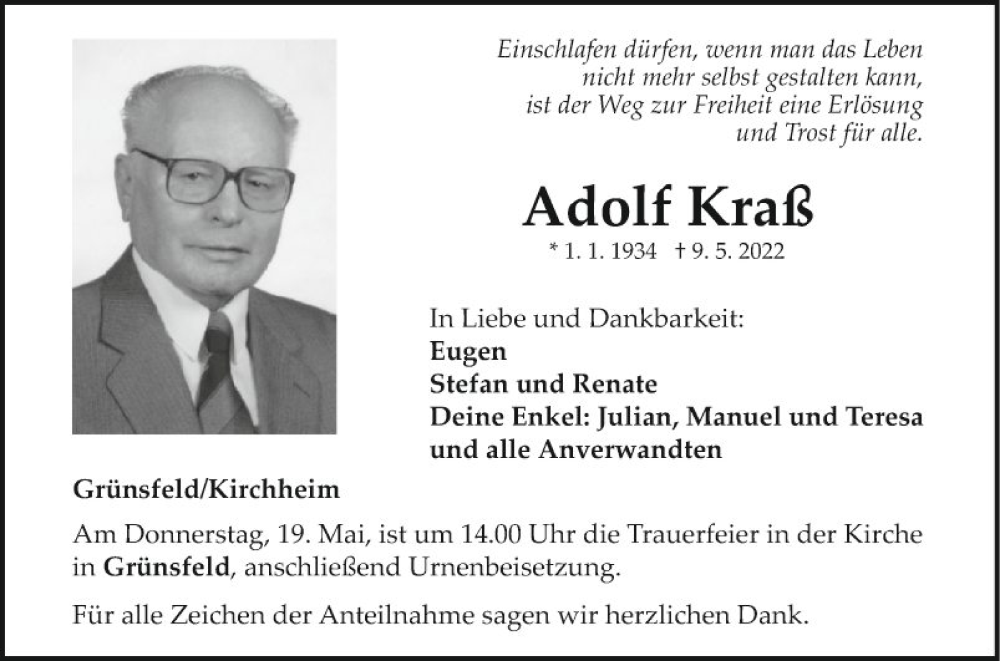  Traueranzeige für Adolf Kraß vom 14.05.2022 aus Fränkische Nachrichten